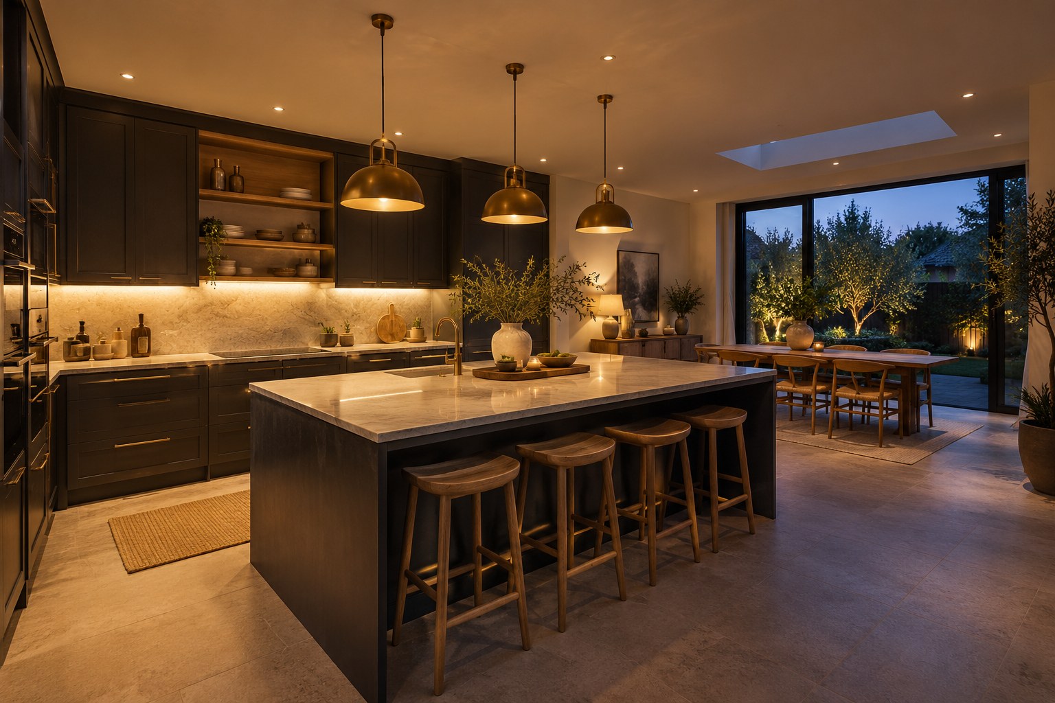 Illustrative modern kitchen with warm pendant lamps and recessed lighting