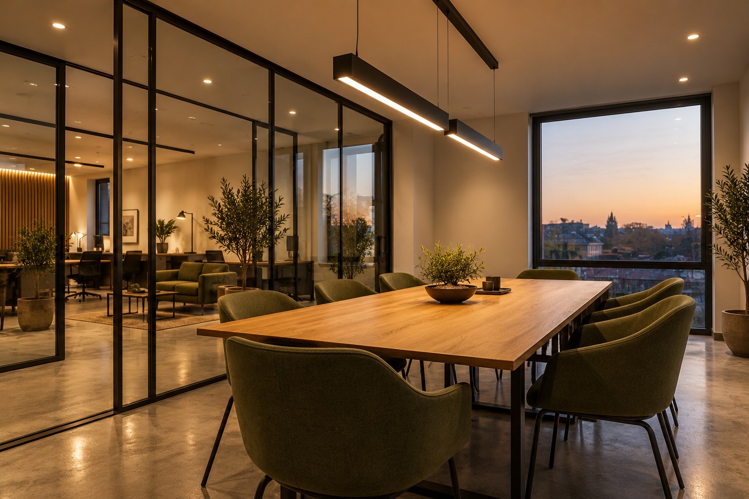 Illustrative contemporary workplace with linear pendant lights